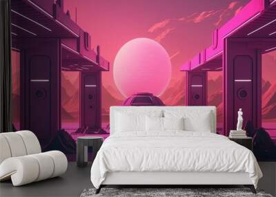 Futuristic Vaporwave Neon Pink Plaza on an Alien Planet / Space Station. [Retro Future Science Fiction Landscape. Graphic Novel, Video Game, Anime, Manga, or Comic Illustration.] Wall mural